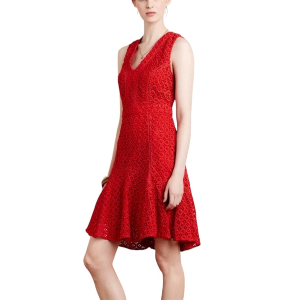 San & Soni For Anthroplogie Lace Dress Size 6 Red Eyelet V-Neck Fit & Flare